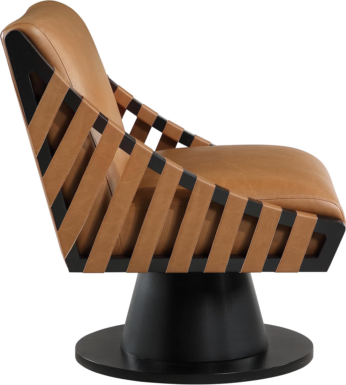 Meridian Furniture 33002Cognac Millwin Collection Art Deco Swivel Accent Chair with Rich Cognac Vegan Leather, Black Finish, Solid Wood Frame and Base, 28' W x 30' D x 32.5' H, Cognac