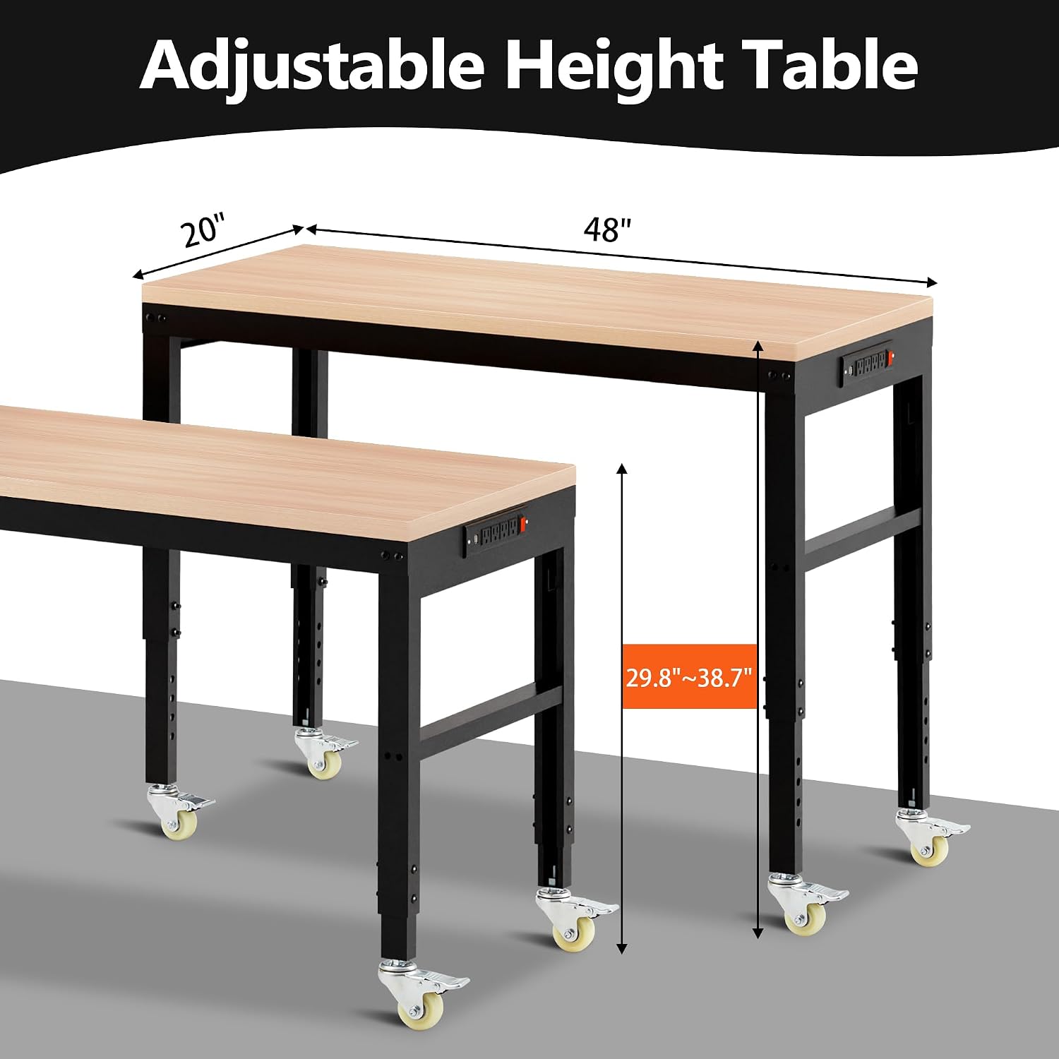 Antifir 48' Adjustable Workbench，Heavy Duty Wood Work Bench 2000 Lbs Load Capacity,Work Table with Power Outlet and Wheels for Garage, Workshop, Office, Home
