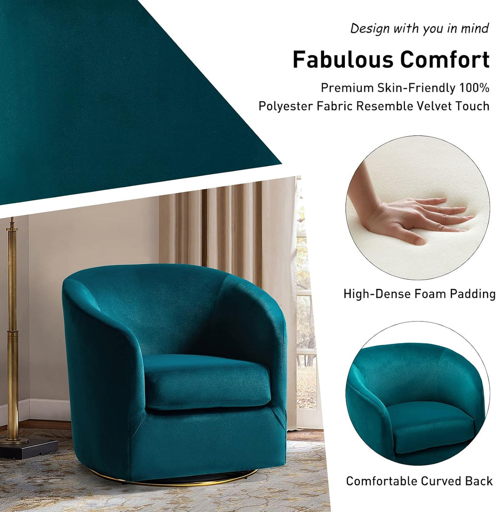 HULALA HOME Swivel Accent Chair with Gold Metal Base, Contemporary Velvet Curved Swivel Barrel Chair, Upholstered Club Armchair, Leisure Single Sofa for Living Room, Nursery, Bedroom(Teal)