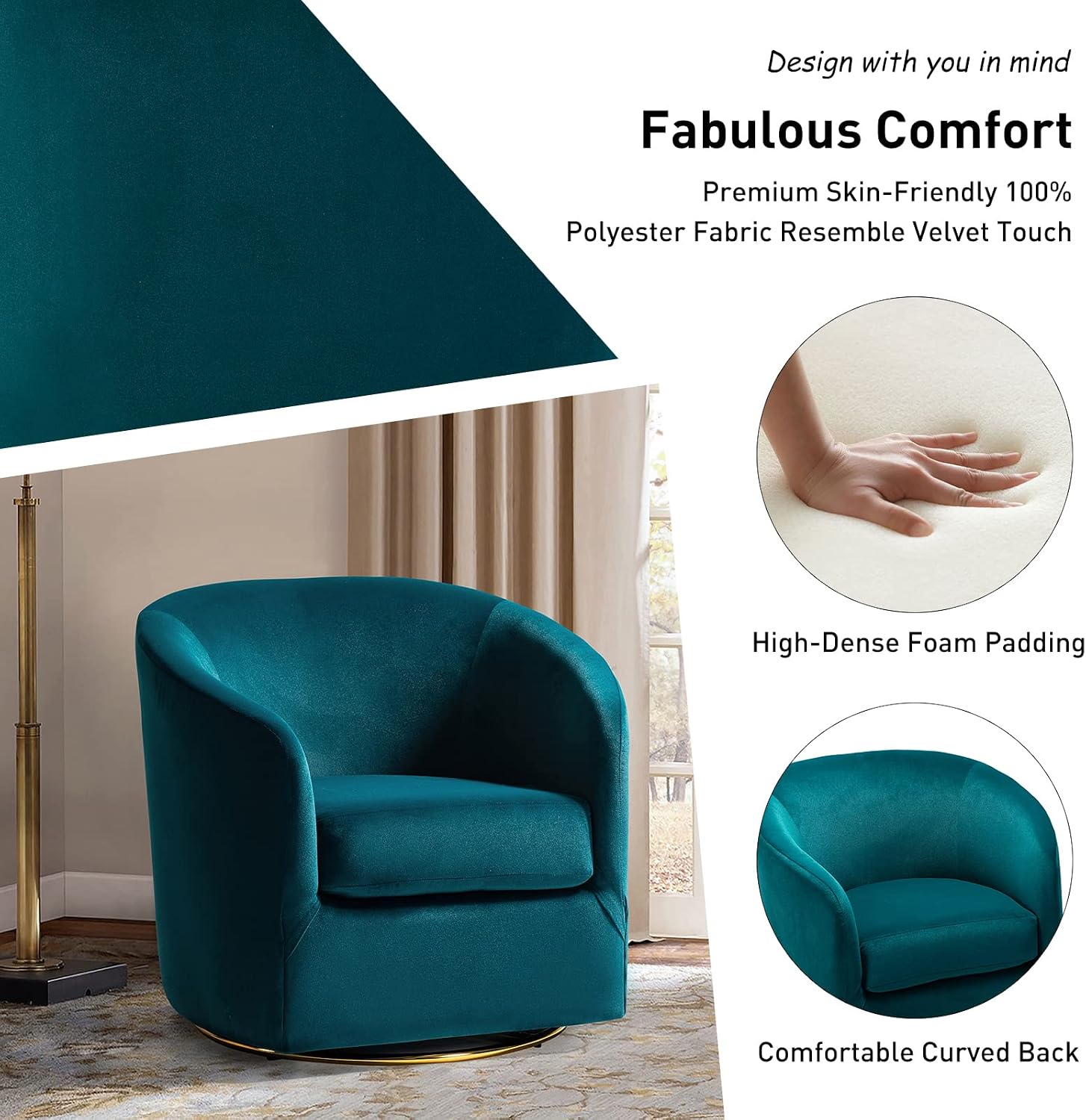 HULALA HOME Swivel Accent Chair with Gold Metal Base, Set of 2 Contemporary Velvet Curved Swivel Barrel Chair, Upholstered Club Armchair, Leisure Single Sofa for Living Room, Nursery, Bedroom(Teal)