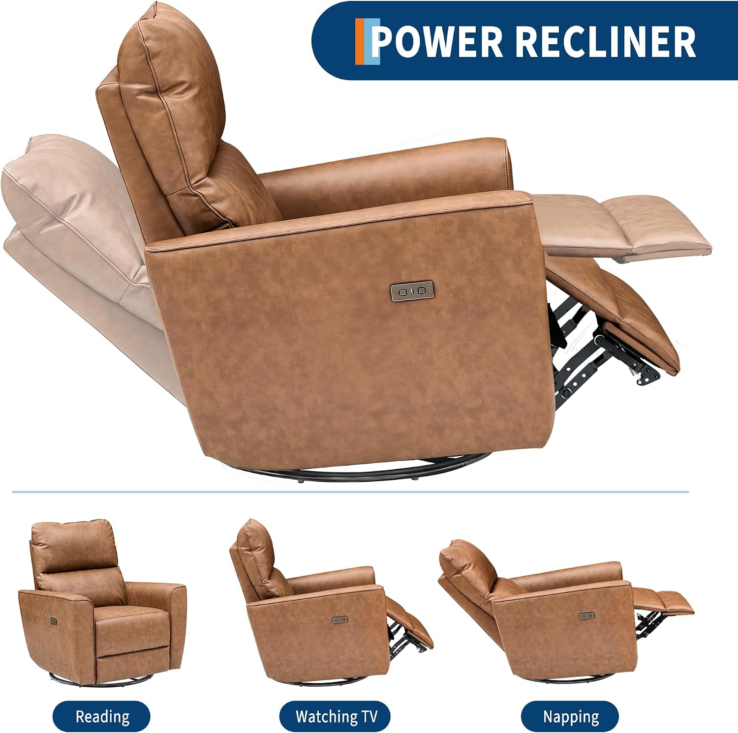 GarveeHome Power Recliner Chair, 270° Swivel Rocking Glider with USB Charging Port, PU Leather Upholstered Fabric, Ergonomic Modern Nursery Chair for Living Room, Bedroom, Nursery (Brown)