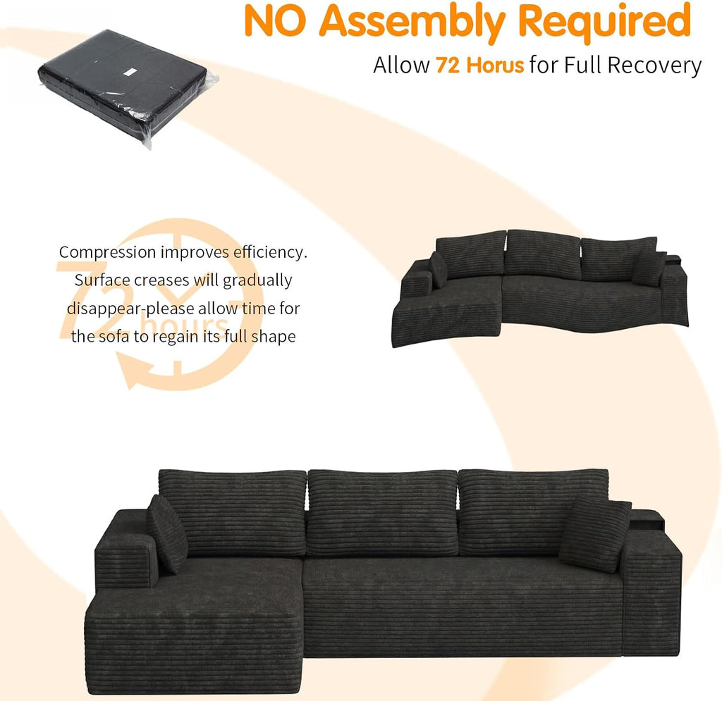 104' Cloud Sectional Couch with L-Shaped Chaise,Modern Modular Sectional Sofa,Corduroy Boneless Couches for Living Room Bedroom,No Assembly Required, 3-Seater (Left Facing Chaise) Black