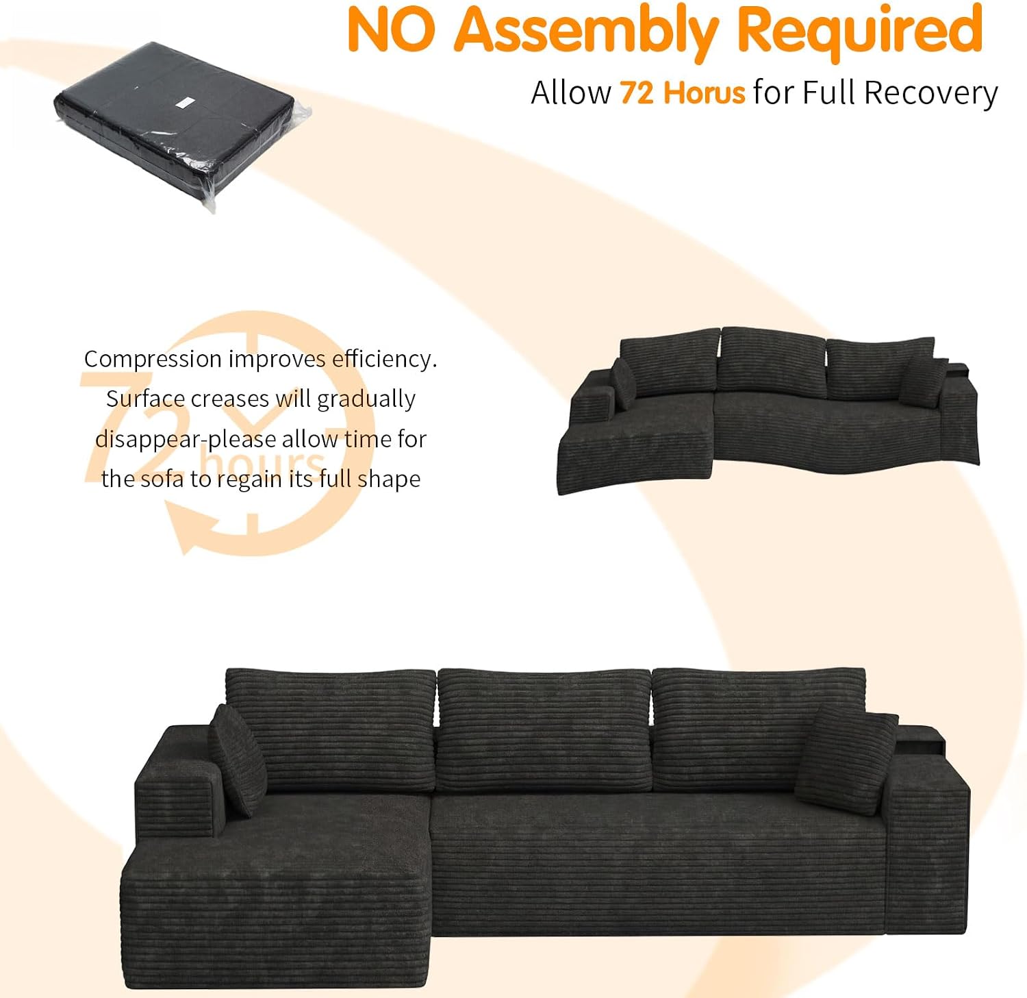 104' Cloud Sectional Couch with L-Shaped Chaise,Modern Modular Sectional Sofa,Corduroy Boneless Couches for Living Room Bedroom,No Assembly Required, 3-Seater (Left Facing Chaise) Black