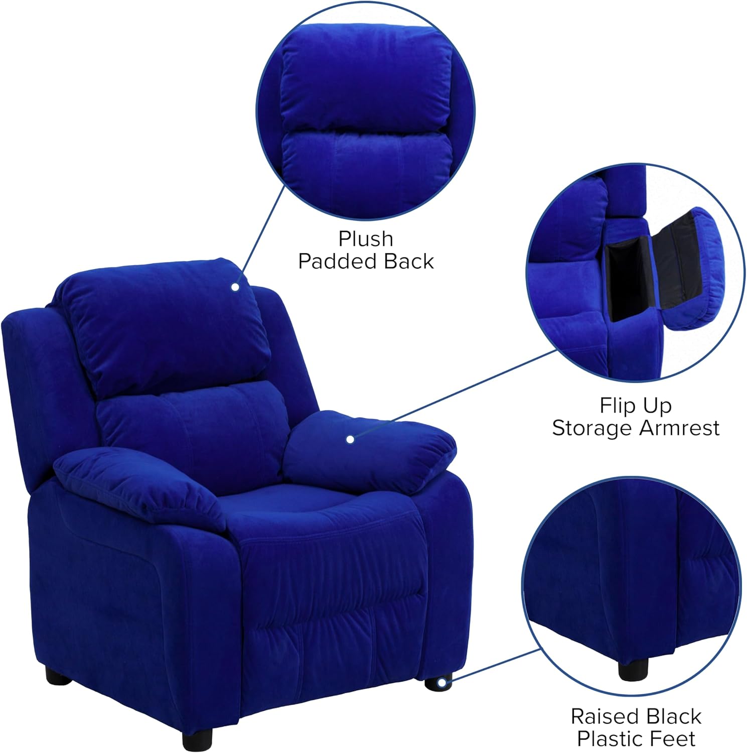 Flash Furniture Charlie Microfiber Kids Recliner with Flip-Up Storage Arms and Safety Recline, Contemporary Reclining Chair for Kids, Supports up to 90 lbs., Blue