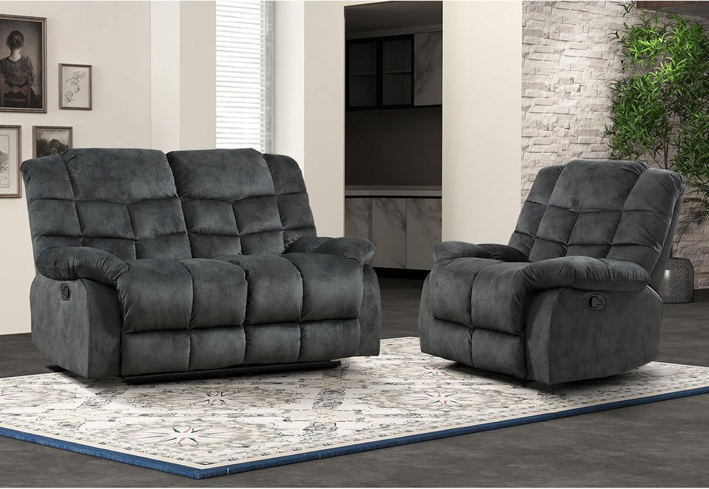 EBELLO Manual Recliner Couch Set, Soft Fabric Reclining Living Room Set, Included SinglAe Recliner Chair and Loveseat Sofa, Grey Green