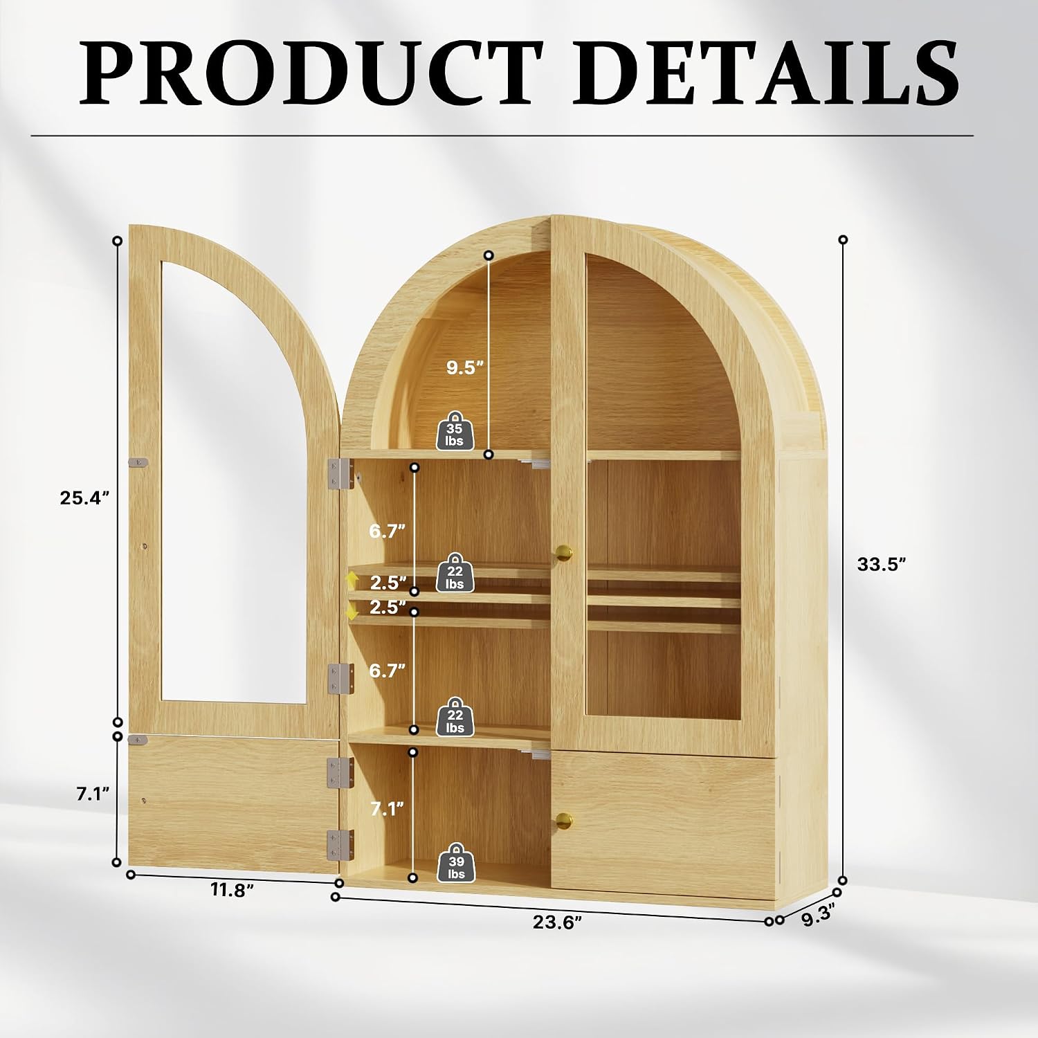 BREEZEHEAT Arched Medicine Cabinet Wall Mounted, Arched Bathroom Wall Cabinet with Glass Doors, Adjustable Shelf, Wall Over Toilet Cabinet for Bathroom, Kitchen, Laundry Room, Natural Oak
