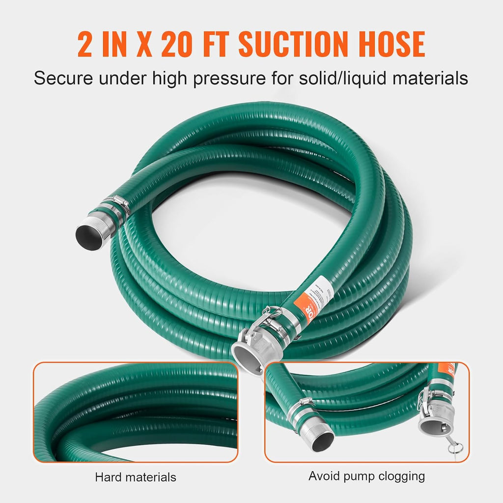 VEVOR Suction Hose Kit for Water Pump, with 2 in x 65 ft Blue Backwash Hose, 20 ft Green Suction Hose, and Steel Round Hole Strainer, Camlocks, Clamps, Cam & Groove Adapter, for Multiple Purposes