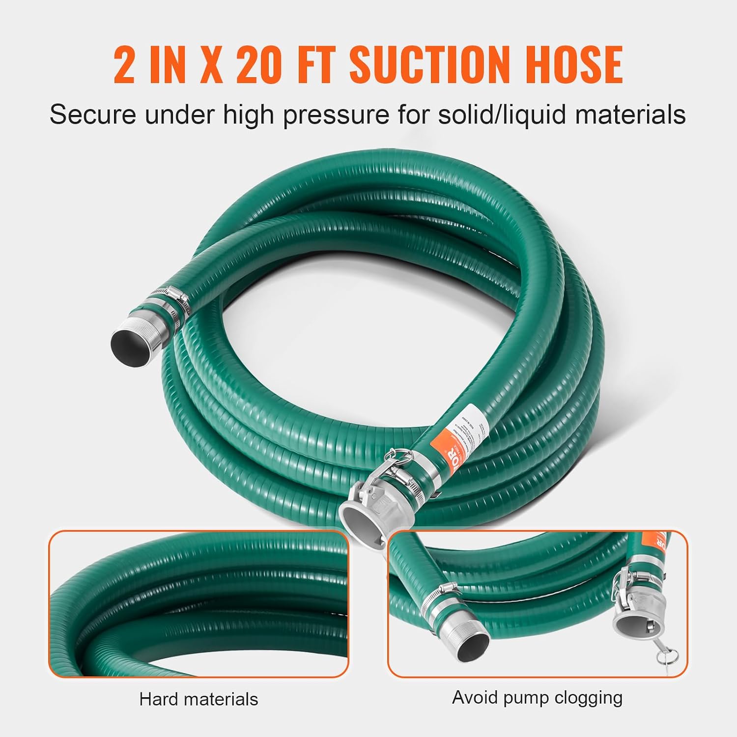 VEVOR Suction Hose Kit for Water Pump, with 2 in x 65 ft Blue Backwash Hose, 20 ft Green Suction Hose, and Steel Round Hole Strainer, Camlocks, Clamps, Cam & Groove Adapter, for Multiple Purposes