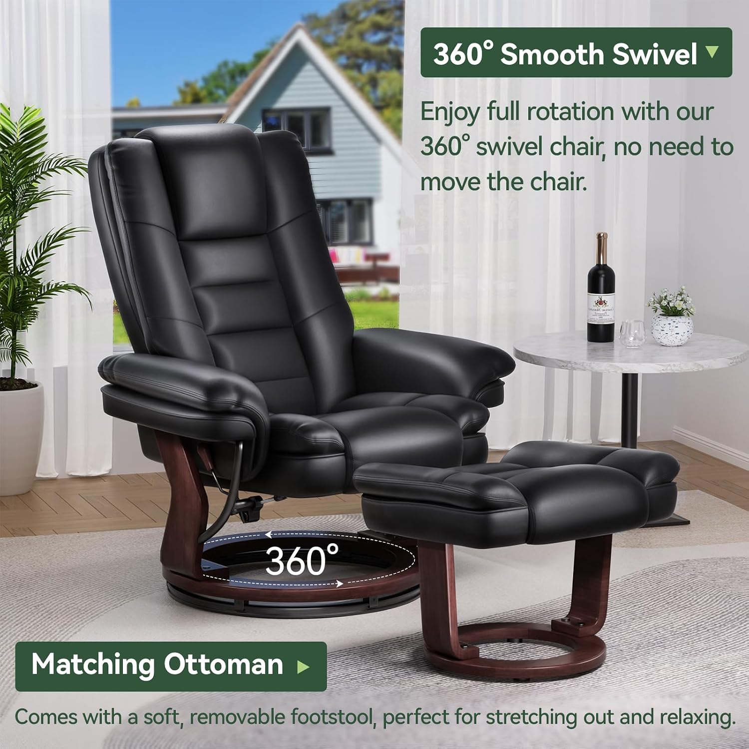 Vogue Furniture Direct Swivel Recliner Chair with Ottoman, Adjustable PU Leather Recliner with Wood Base, Thick Padded Cushion, Modern Reclining Chair & Ottoman Set for Living Room, Bedroom (Black)