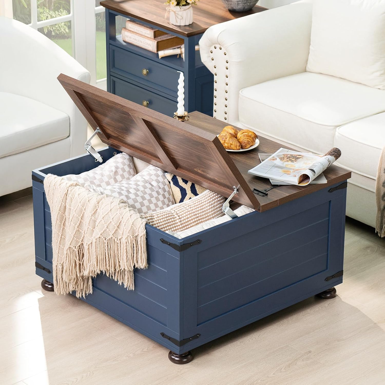 Joaxswe Farmhouse Coffee Table with Hidden Storage, 59 Gallon Square Center Table for Living Room, Rustic Wood Cocktail Tables with Flip-Top Lids, Farm House Tables with Wooden Gourd Feet, Navy Blue