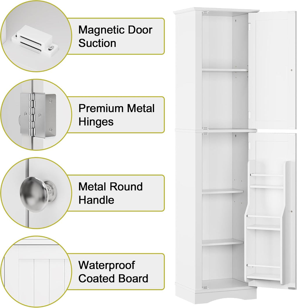 Function Home Tall Bathroom Storage Cabinet, 64' Slim Kitchen Pantry with Door Storage, Narrow Wood Freestanding Cabinets with Adjustable Shelves for Kitchen Living Room Dining Room, White