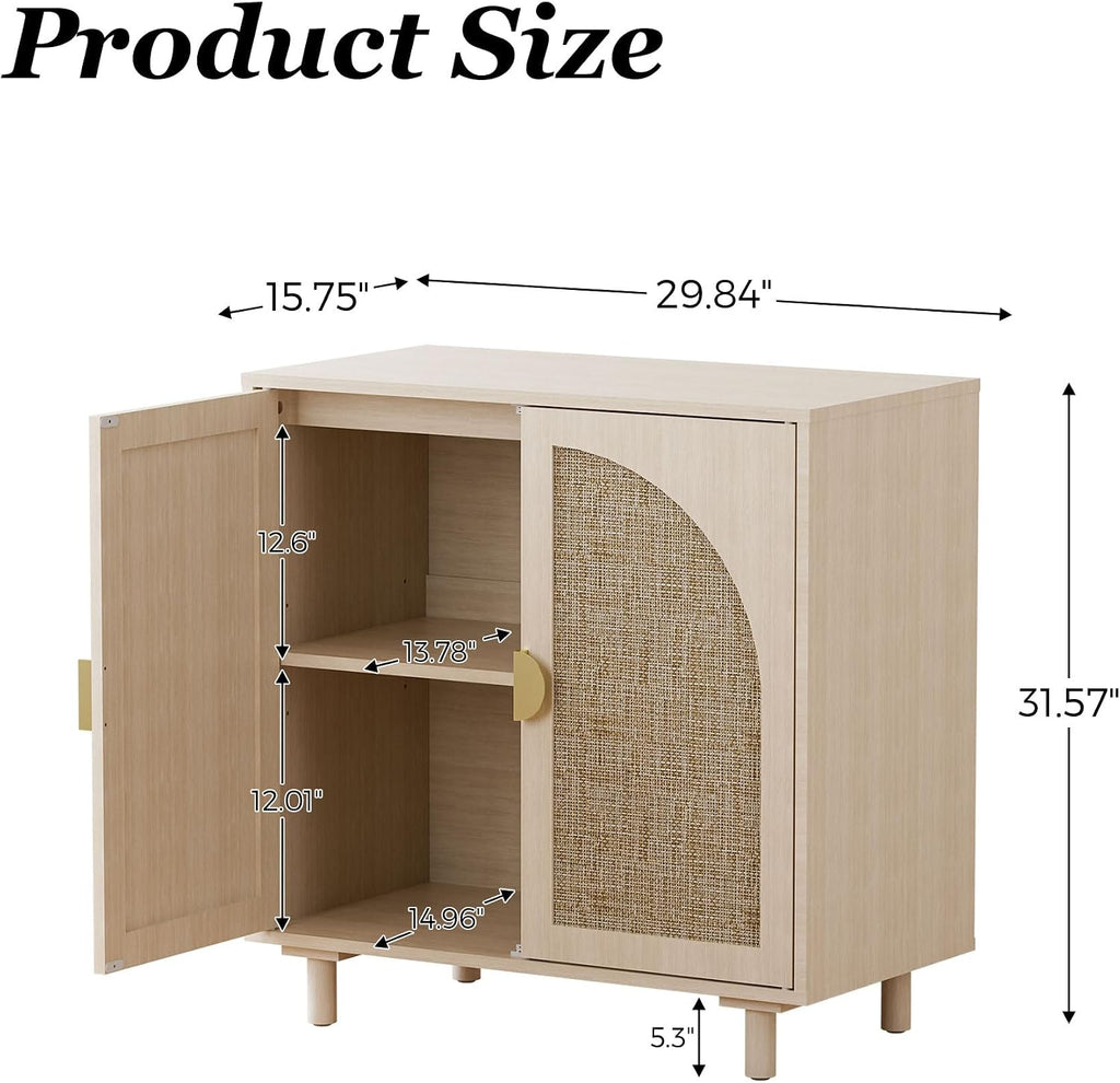 Rattan Cabinet, Sideboard with Magnetic Door Latch & Adjustable Shelf, Beige Boho Buffet for Living Room Entryway, 29.8' W x 15.7' D x 31.5' H (2Pc)