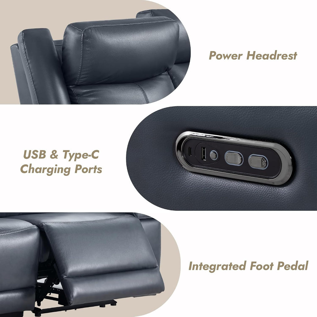 Watson & Whitely Genuine Leather Power Recliner Sofa, 3 Seater Wall Hugger Reclining Sofas with Power Headrest, USB & TypeC Ports, Electric Recliner Couch Set for Living Room, Navy