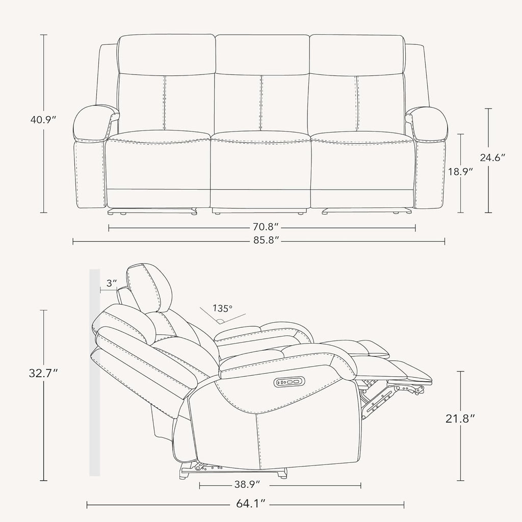 Watson & Whitely Genuine Leather Power Recliner Sofa, 3 Seater Wall Hugger Reclining Sofas with Power Headrest, USB & TypeC Ports, Electric Recliner Couch Set for Living Room, Black