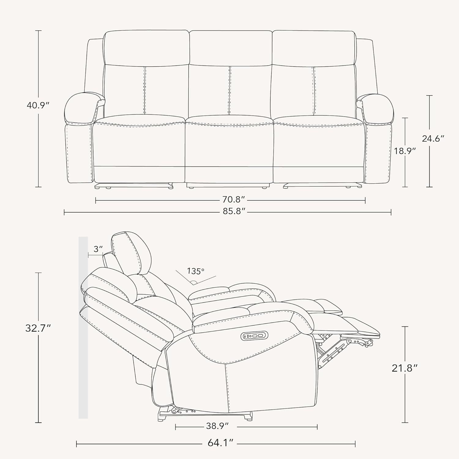 Watson & Whitely Genuine Leather Power Recliner Sofa, 3 Seater Wall Hugger Reclining Sofas with Power Headrest, USB & TypeC Ports, Electric Recliner Couch Set for Living Room, Black