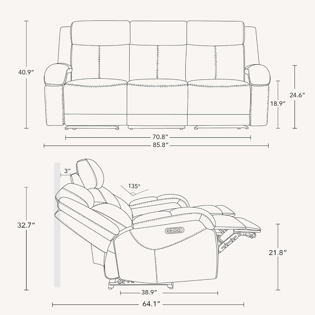 Watson & Whitely Genuine Leather Power Recliner Sofa, 3 Seater Wall Hugger Reclining Sofas with Power Headrest, USB & TypeC Ports, Electric Recliner Couch Set for Living Room, Navy