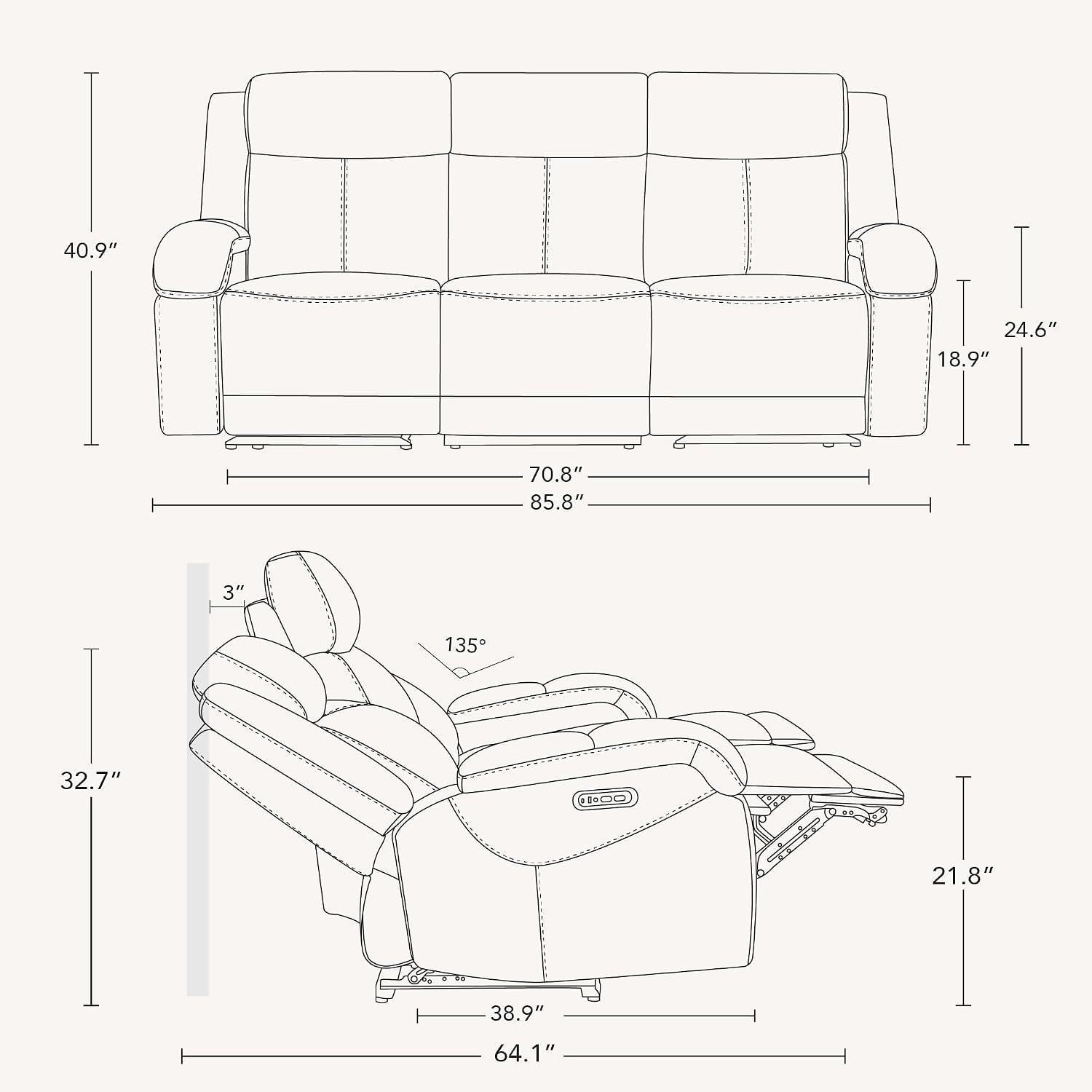 Watson & Whitely Genuine Leather Power Recliner Sofa, 3 Seater Wall Hugger Reclining Sofas with Power Headrest, USB & TypeC Ports, Electric Recliner Couch Set for Living Room, Grey
