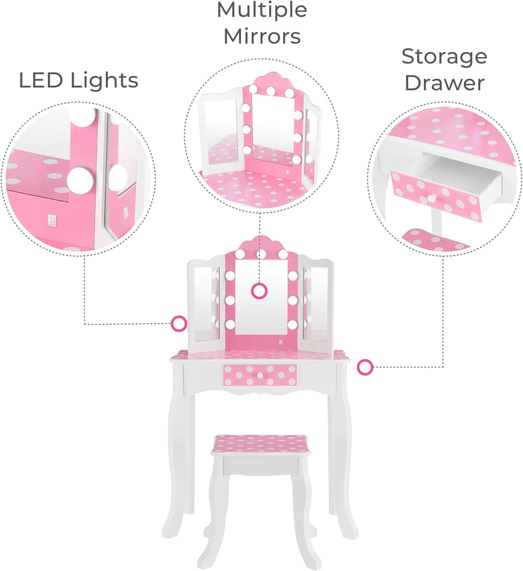 Teamson Kids - Fashion Polka Dot Prints Gisele Play Vanity Set with LED Lights - Pink/White