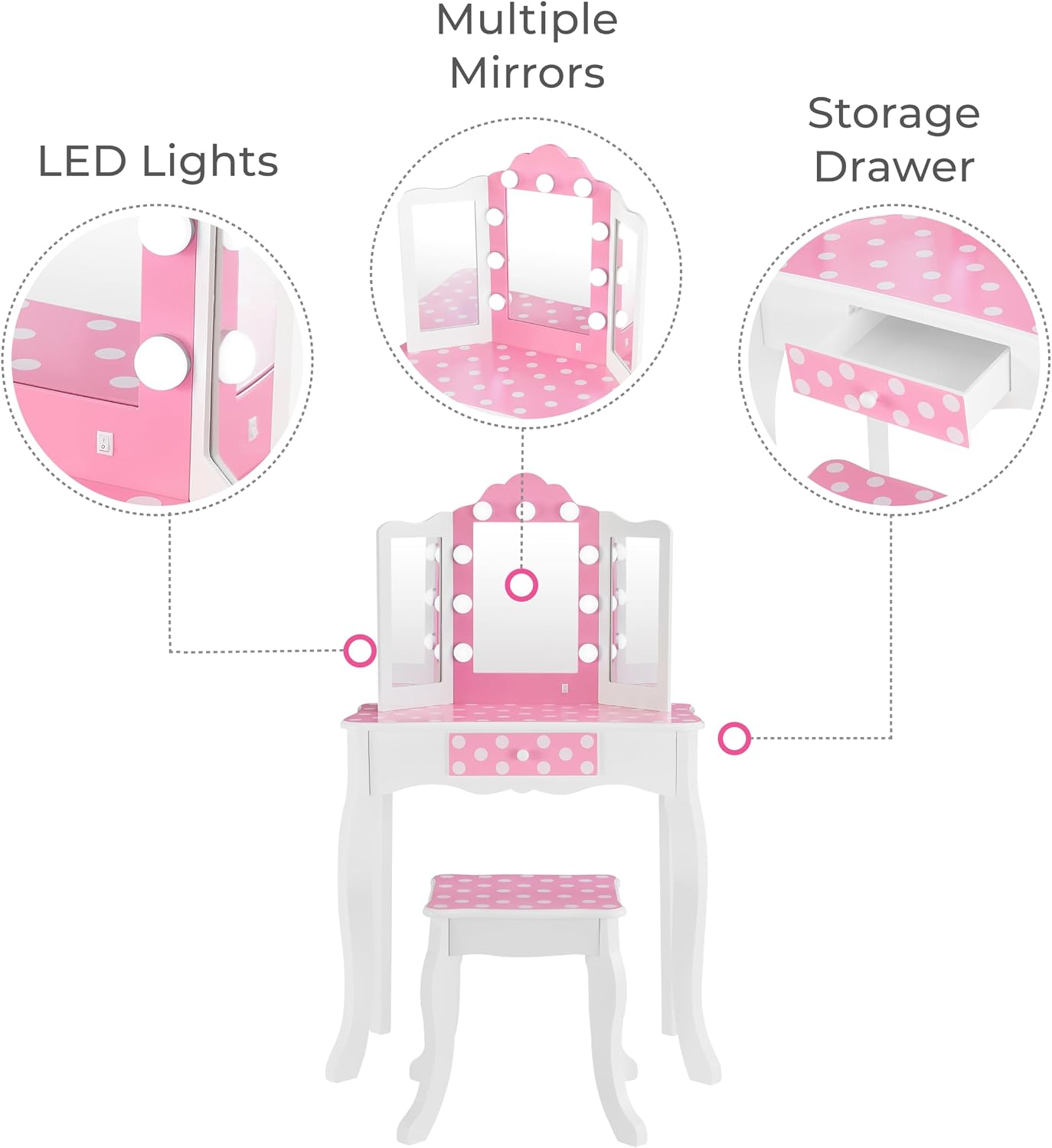 Teamson Kids - Fashion Polka Dot Prints Gisele Play Vanity Set with LED Lights - Pink/White