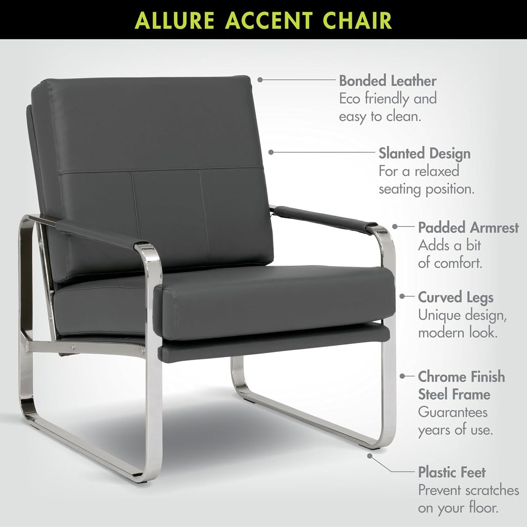 Studio Designs Home Allure Modern Accent Chair in Blended Leather, Chrome/Smoke Gray
