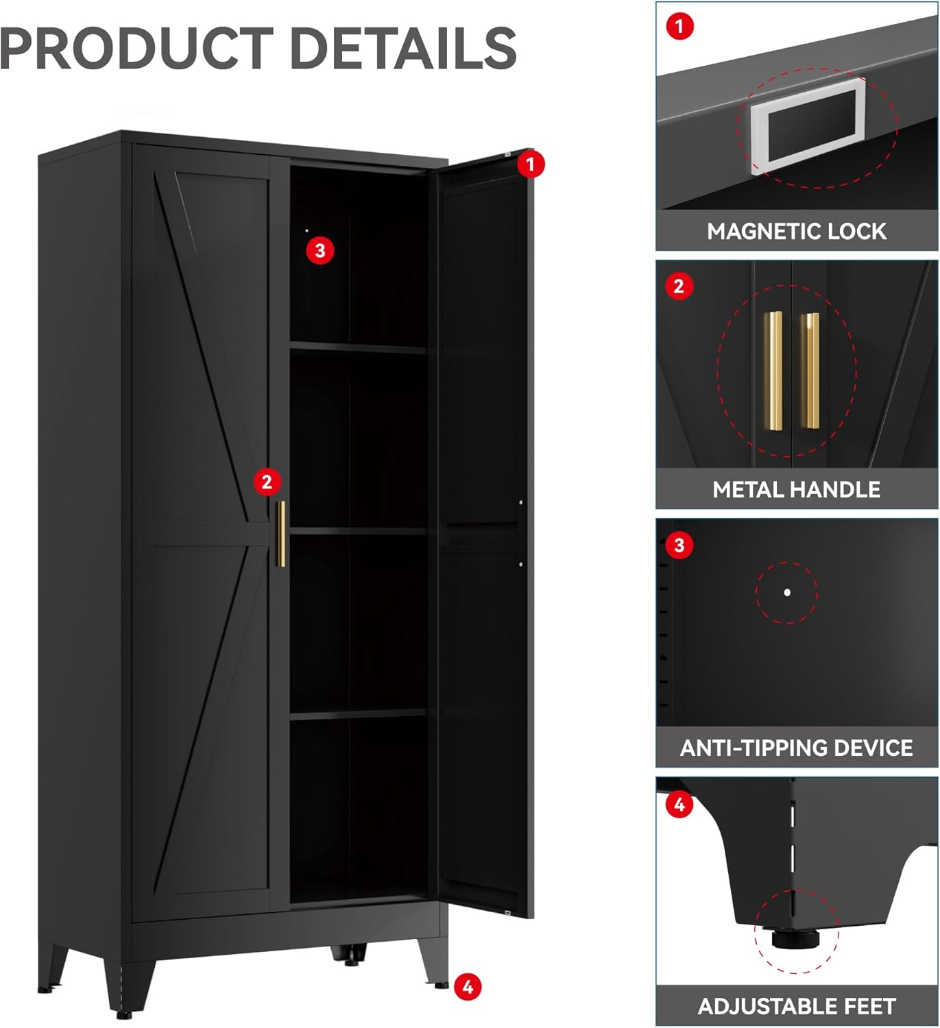 Farmhouse Pantry Cabinet with Barn Doors,61' H x 27.5' W,Metal Cabinet with Adjustable Shelves,4-Tier Storage Cabinet for Kitchen Dining Room Garage Office,Black 1 Pack