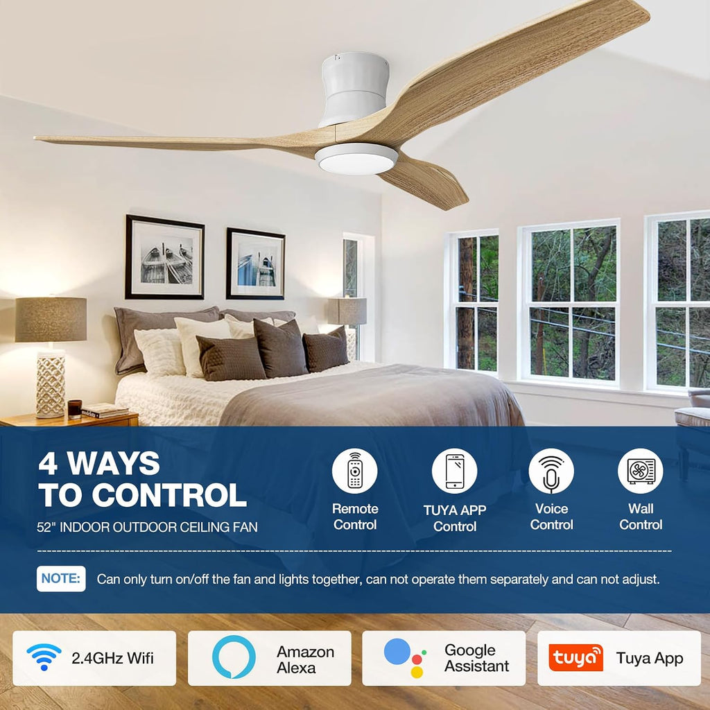Smart 52' Flush Mount Ceiling Fan with Remote Control, Natural Wood | Quiet DC Motor, WiFi Alexa Voice Control, High CFM Dimmable LED, Low Profile, Reversible, 6 Speeds Adjustment, Time Setting