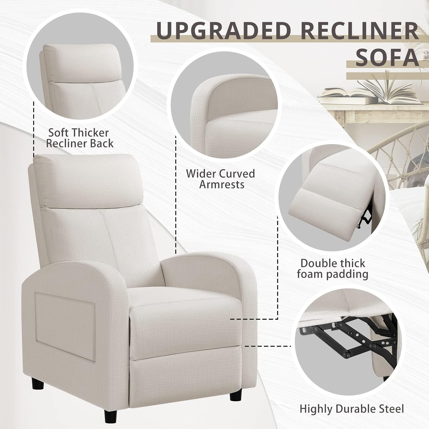 JUMMICO Recliner Chair Adjustable Home Theater Single Recliner Sofa Furniture with Thick Seat Cushion and Backrest Modern Living Room Recliners (Fabric, Beige)