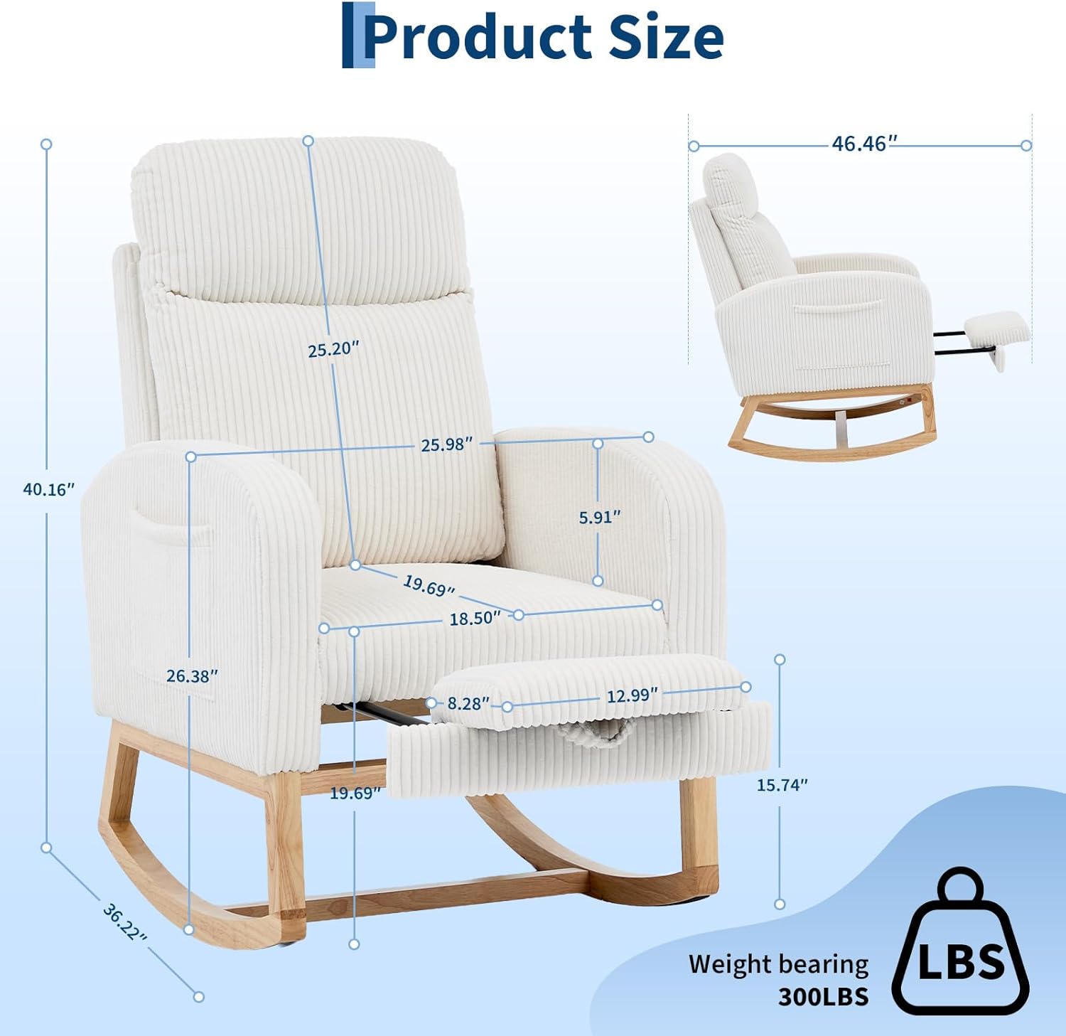 GarveeHome Corduroy Nursery Rocking Chair with Foot Rest,Upholstered Glider with 26' High Backrest, Padded Seat,Modern 300 Lbs Weight Capacity Accent Recliner for Living Room, Bedroom, Reading