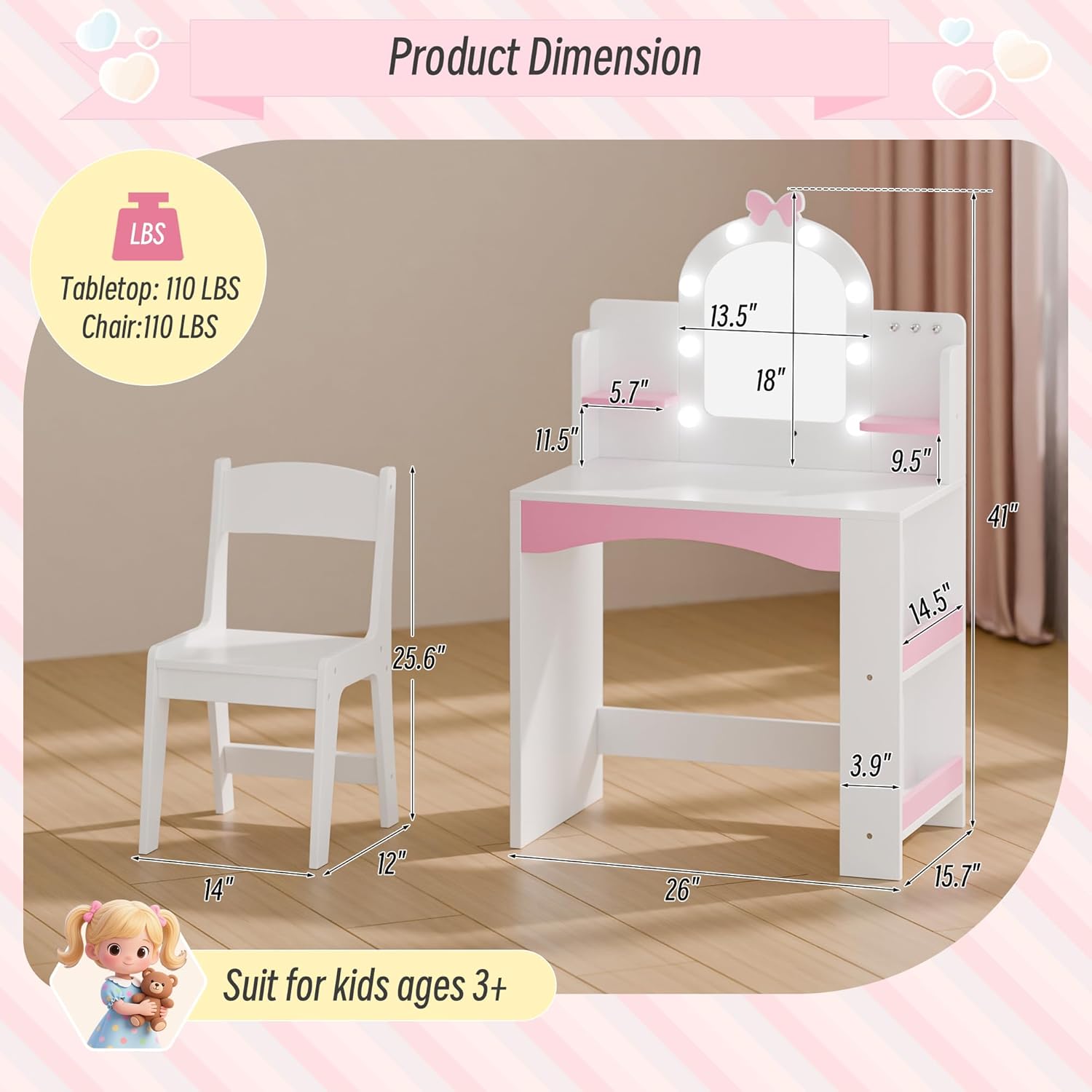 Girls Vanity with Lights, Kids Vanity Table and Chair Set for Princess, Toddler Makeup Vanity Desk with Open Bookshelf, Storage Cabinet & Side Shelves, Stools, White