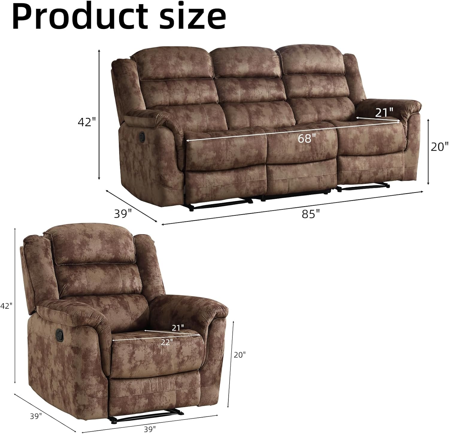 EBELLO 3 Pieces Reclining Living Room Set, Soft Fabric Manual Recliner Sofa Furniture Set, Includes 2 Overstuffed Recliner Chairs and one 3 Seat Sofa, Brown
