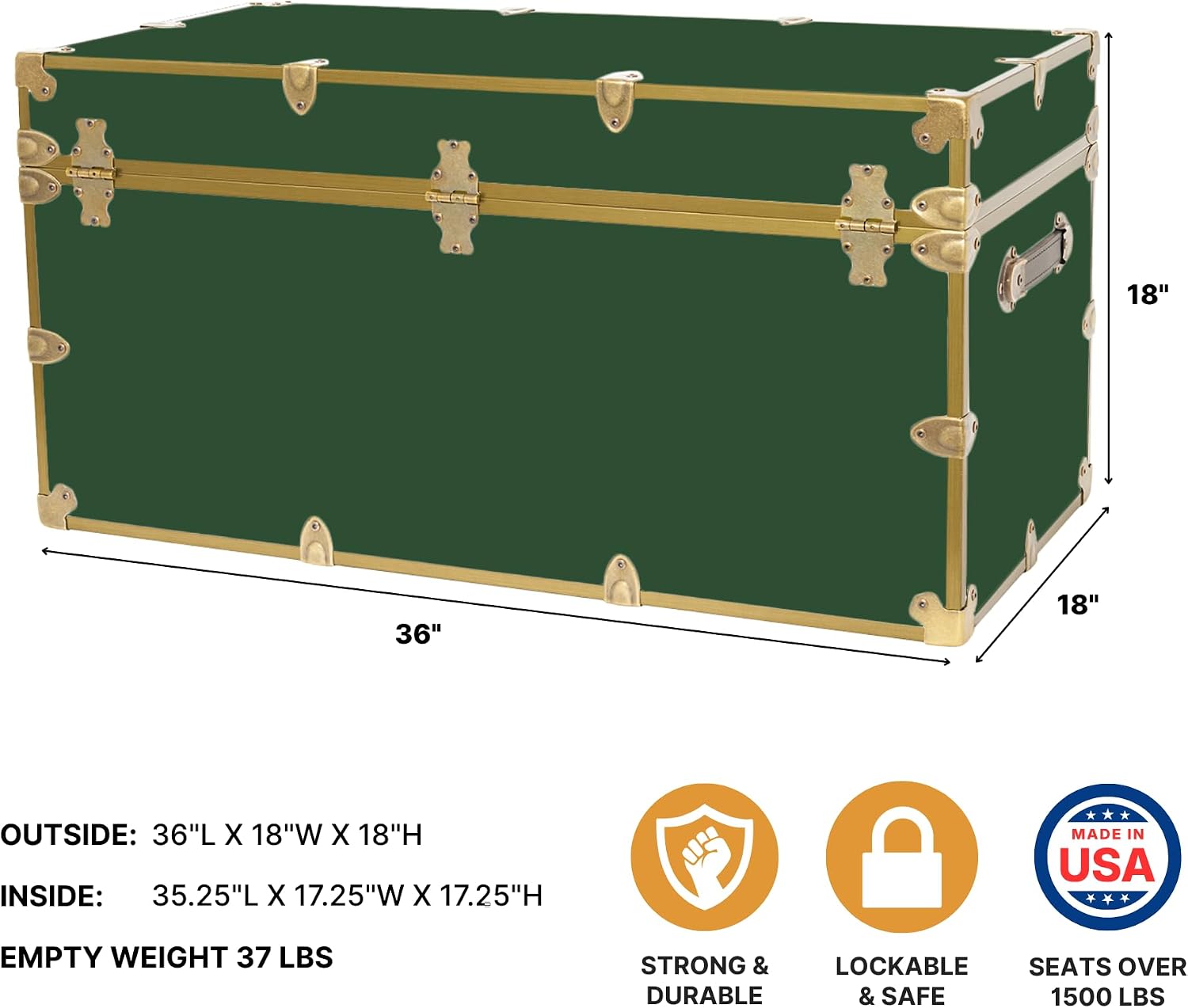 Rhino Trunk & Case Classic XXL College Trunk with Wheels, Antique Brass Hardware, Soft Close - 36'x18'x18', Seats 1500+ lbs, USA Made Secure Dorm Footlocker, Home Storage, Steamer Style Blanket Chest