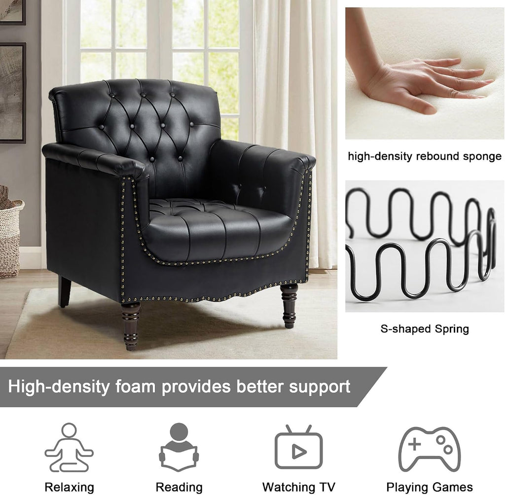 Lumibee Faux Leather Armchairs, Contemporary Accent Chairs Set of 2 with Nailhead Trims & Wood Legs for Living Room, Upholstered Comfy Arm Chairs for Office,Bedroom-Black