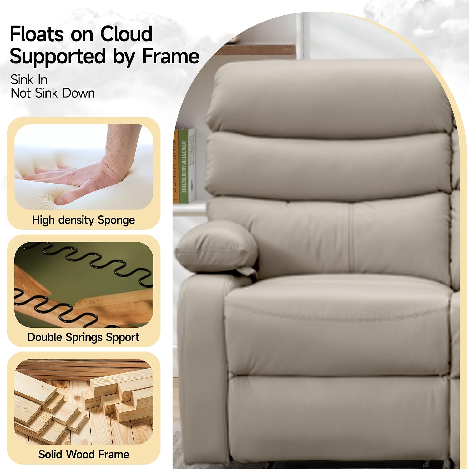 Reclining Loveseat Sofa, Anti-Scratch Leather Manual Loveseat Recliner with Side Pocket, Wall Hugger Loveseat Recliner for Living Room, RV, Home Theater(Beige)