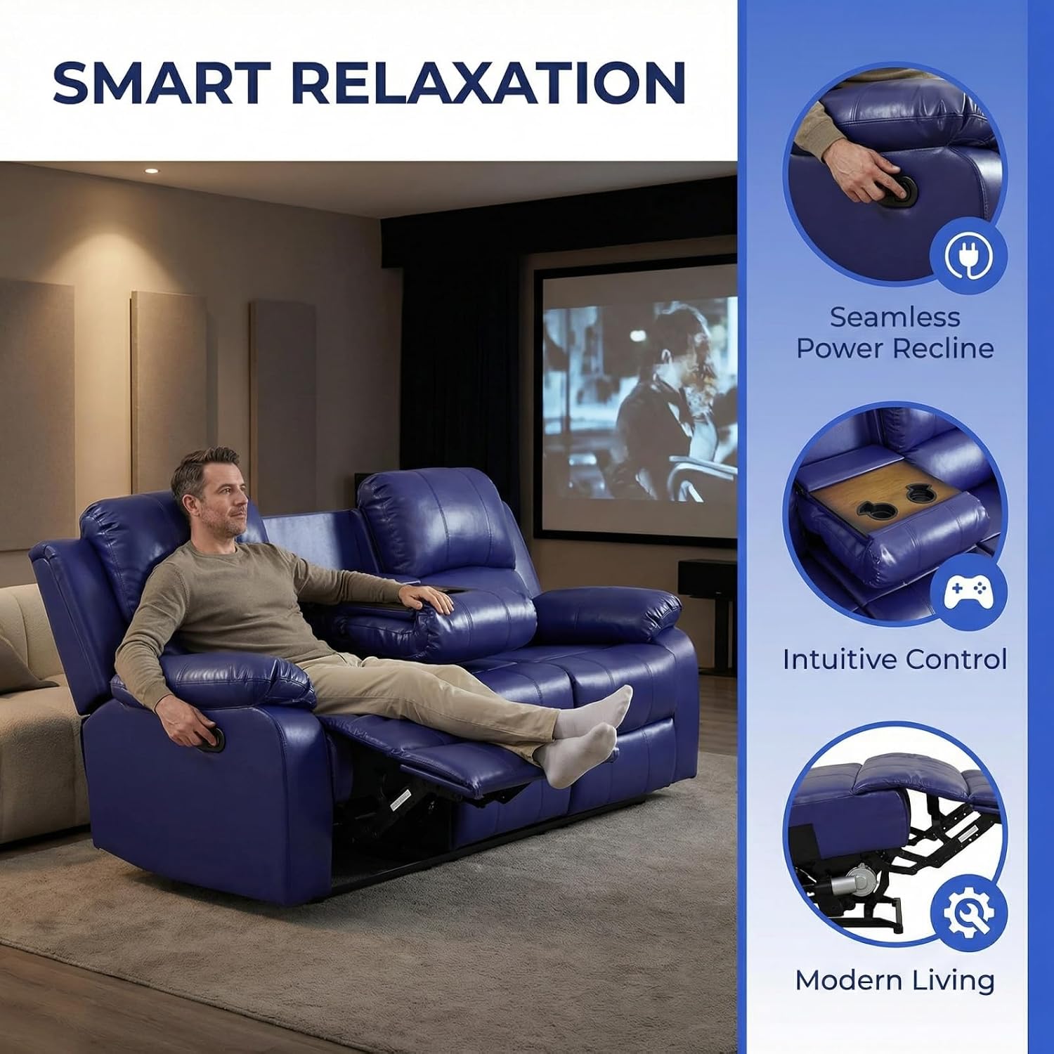 2-Piece Manual Leather Recliner Sofa Set, Adjustable Backrest Reclining Loveseat Sofa & Recliner Chair with Convertible Middle Coffee Table for House, Home Theater, Dark Blue