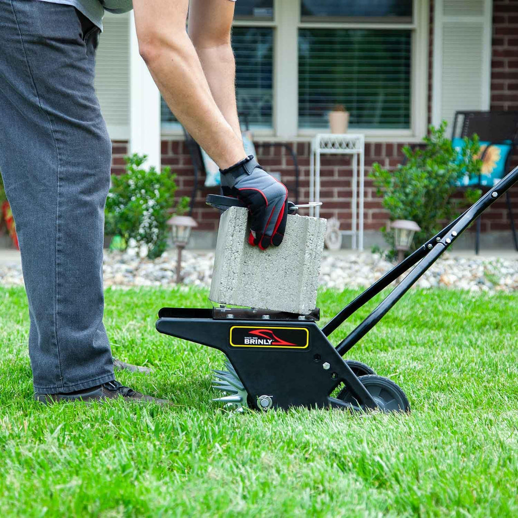 Brinly 20' Premium Push Spike Aerator with 3D Galvanized Steel Tines and Weight Tray