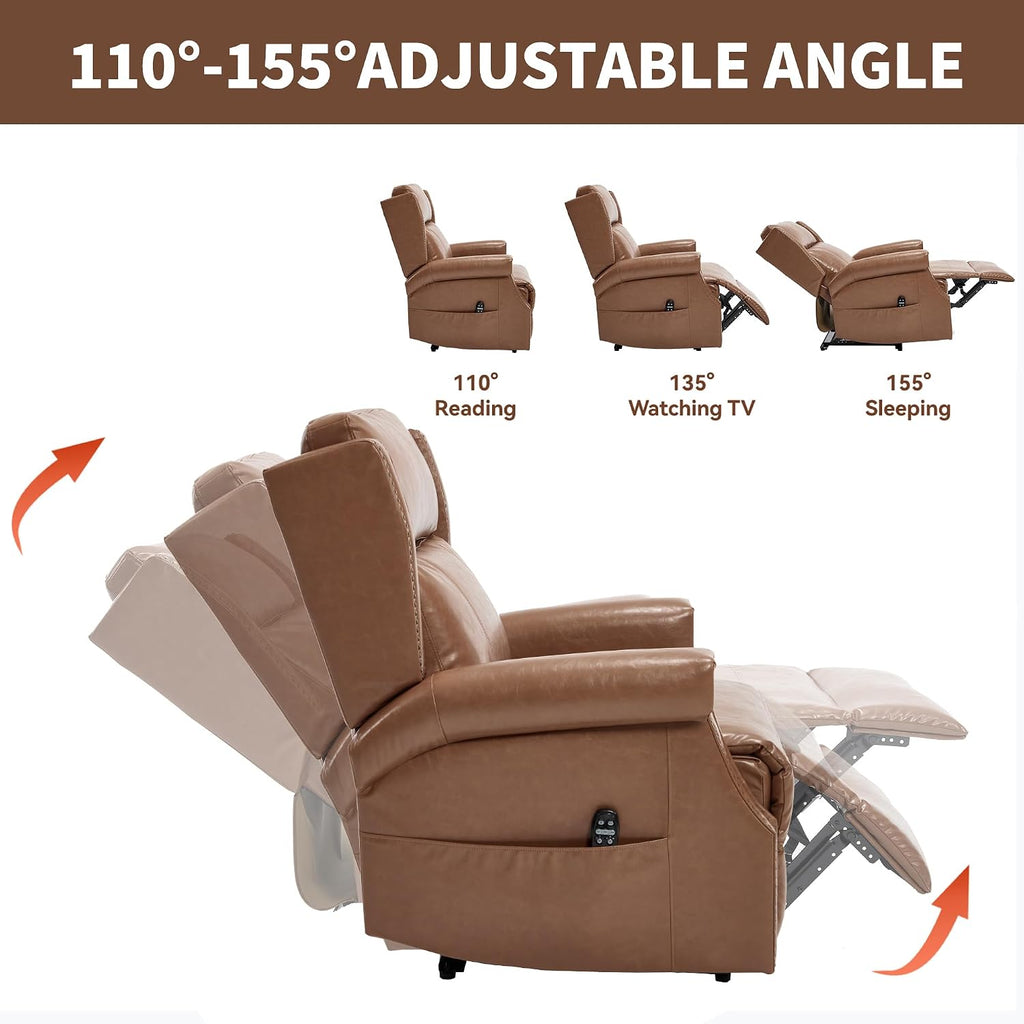 KEIKI Mid Century Modern Oversized Recliner Accent Chair for Adults, Manual Leather Recliner Chair with Back Massager and Heating for Living Room, Home Soft Rocking Lounge Reading Chair, Camel