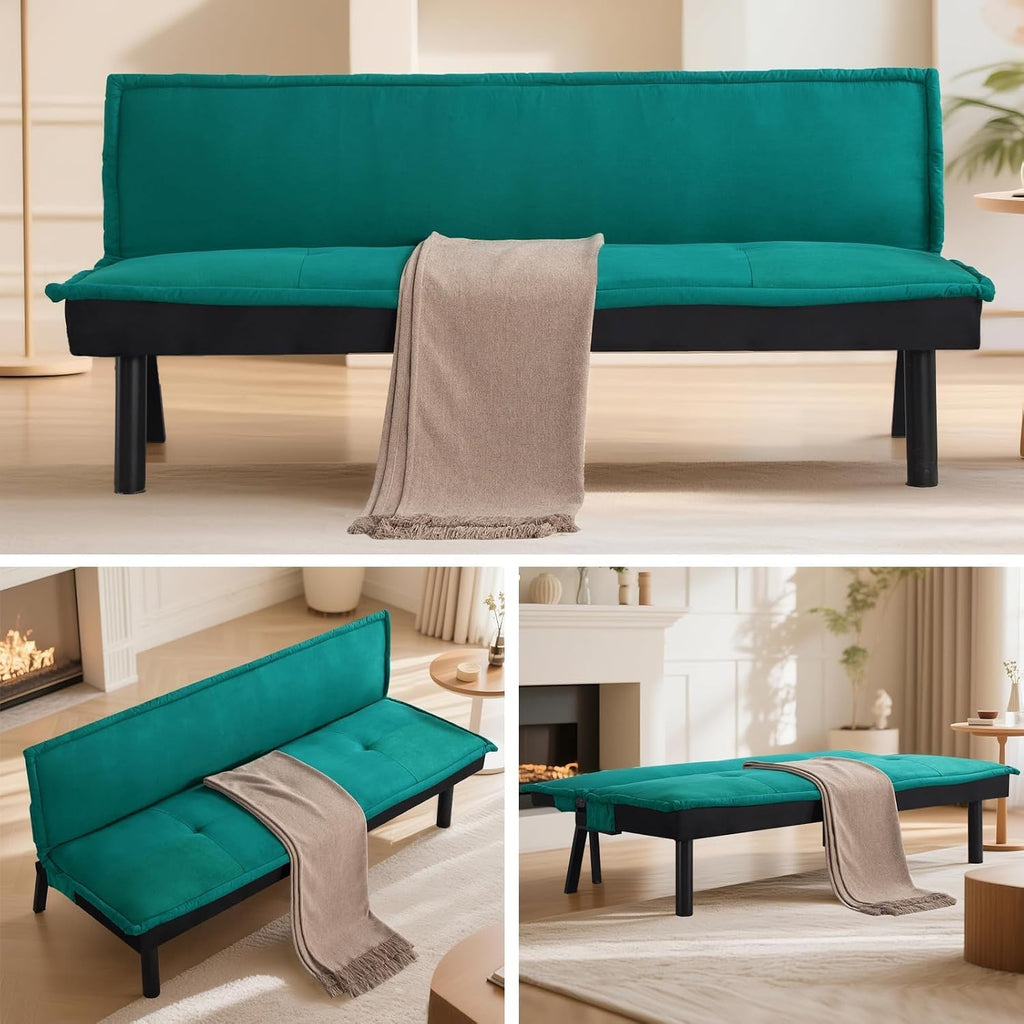 Futon Sofa Bed Couch, 64.6' Convertible Sleeper Sofa with 5 Positions Adjustable Backrest, Velvet Couch Bed with Solid Wood Frame for Home Office Living Room Guest Dorm, Green