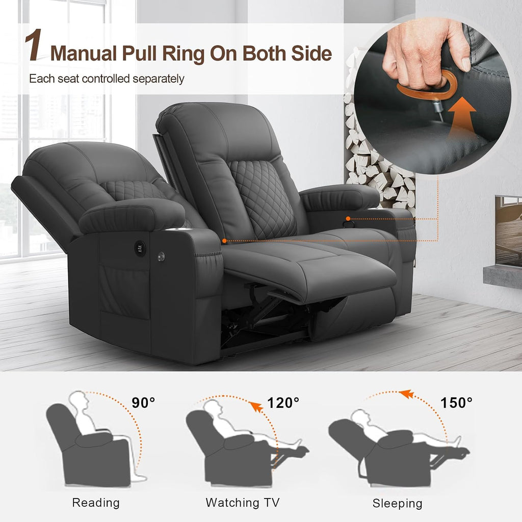 FURNIMAT Loveseat Recliner Sofa, 2 Seater Reclining Loveseat Sofa, PU Leather RV Loveseat Couch, Modern Recliner Chair for Living Room, with Cup Holder and 2 Cell Phone Holder, USB Ports, Gray