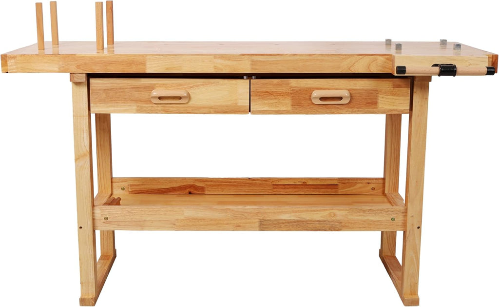 Montary 60' Professional Rubberwood Workbench with 2 Drawers & Open Shelf, Natural Finish Work Bench with Adjustable Handle for Garage, Woodworking Carpenter Workshop & Home Use