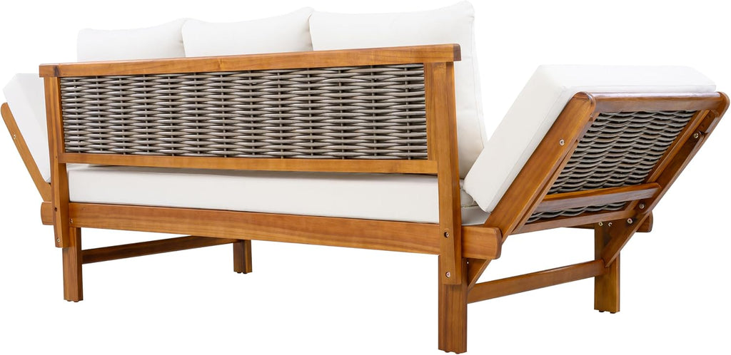 Christopher Knight Home Guru Patio Convertible Couch with Adjustable Armrest, Acacia Wood Outdoor Daybed, PE Wicker Patio 3 Seater Sofa, Back Pillow+Removable Cushion, Teak+Cream