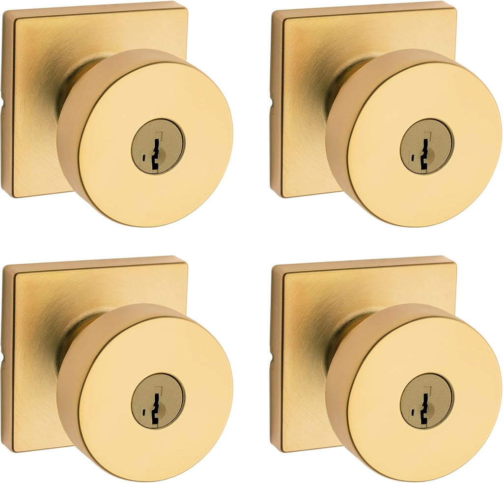 Kwikset Pismo Entry Door Knob with Lock and Key, Secure Keyed Handle Exterior, Front Entrance and Bedroom, Satin Brass, 4 Pack, Pick Resistant SmartKey Rekey Security