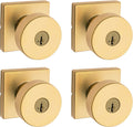 Kwikset Pismo Entry Door Knob with Lock and Key, Secure Keyed Handle Exterior, Front Entrance and Bedroom, Satin Brass, 4 Pack, Pick Resistant SmartKey Rekey Security