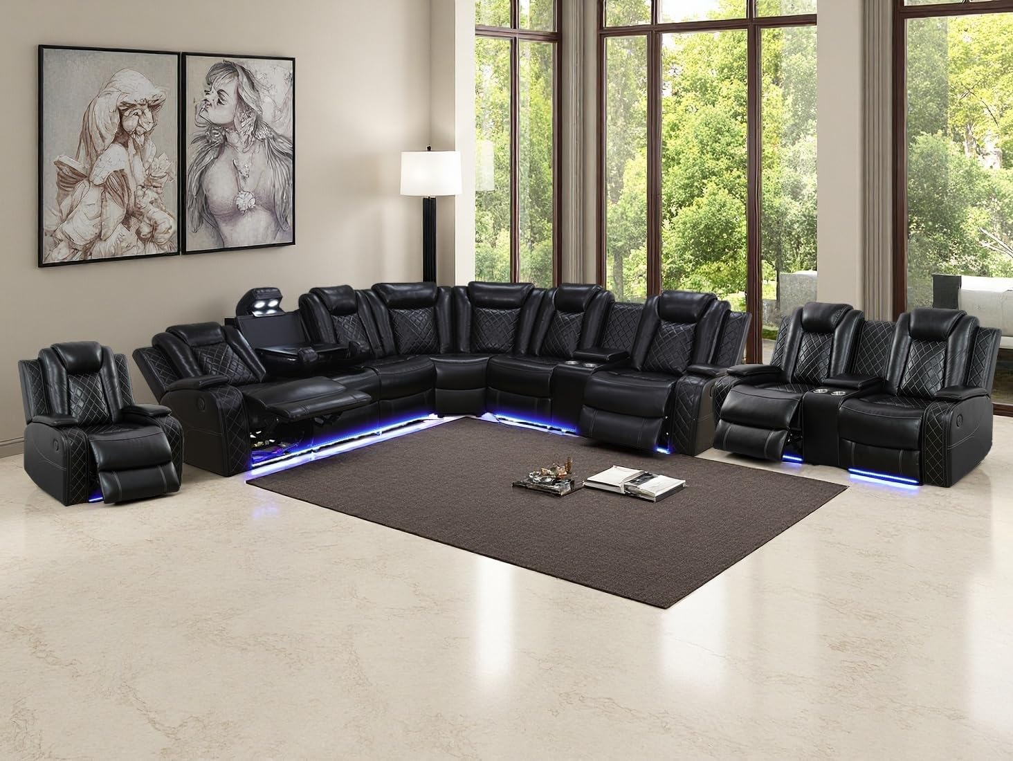 Power Recliner Sofa with Drop-Down Table Cup Holder, Living Room Furniture Sets, Beige Breathing Leather Power Reclining Sofa Set with 5 Recliner Seats,Storage Console for Living Room