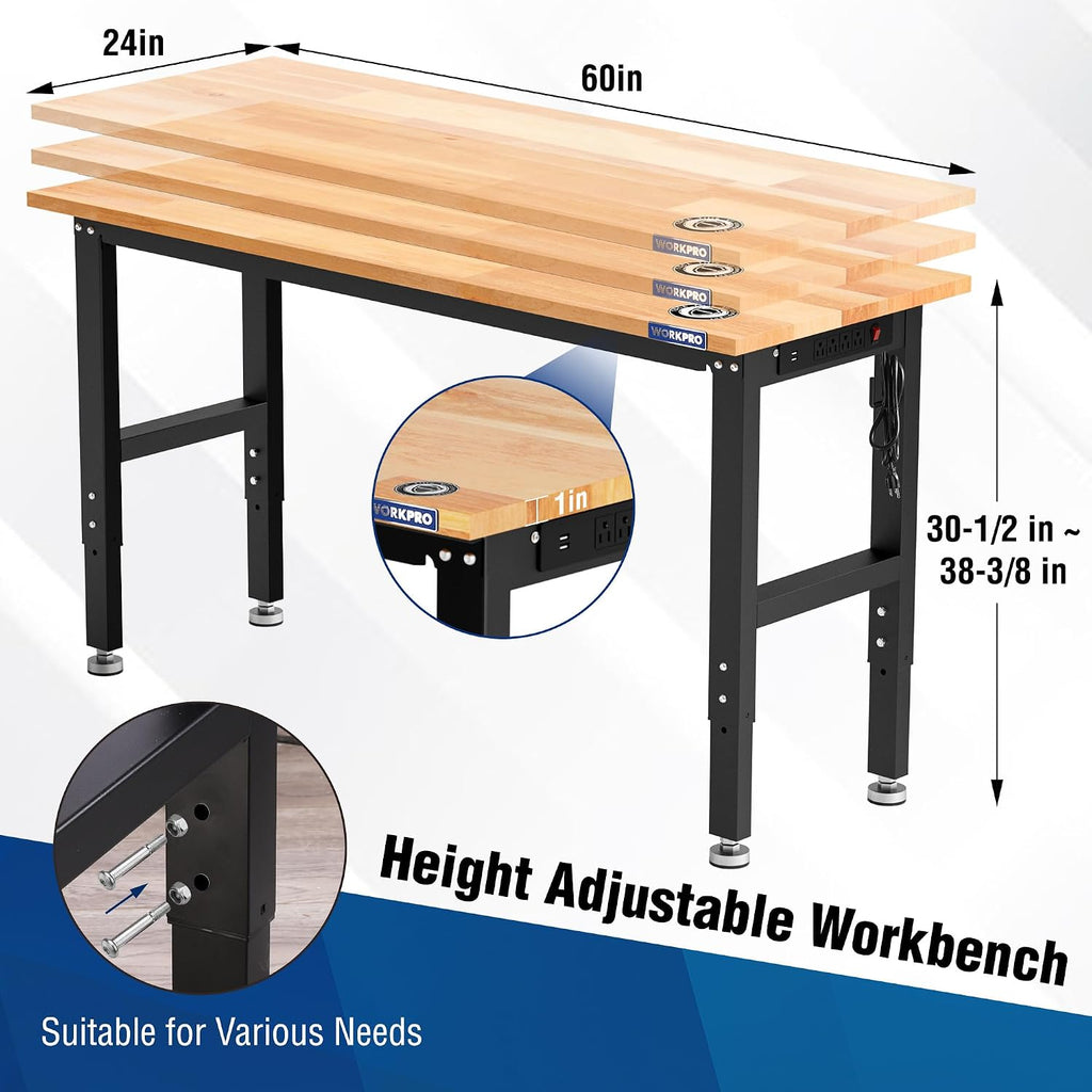 WORKPRO Adjustable Garage Workbench, 60x24 Rubber Wood Top Heavy-Duty Work Desk with Power Outlets, Leveling Foot, 5 Heights, 1500 LBS Load Capacity Work Benches for Garage, Workshop