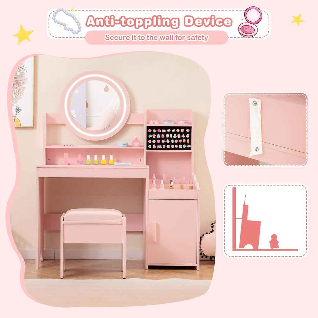 INFANS Kids Vanity with Lights, Princess Makeup Desk with Mirror Storage Shelves, Toddler Table and Chair Set Pretend Play for Girls Aged 4-9