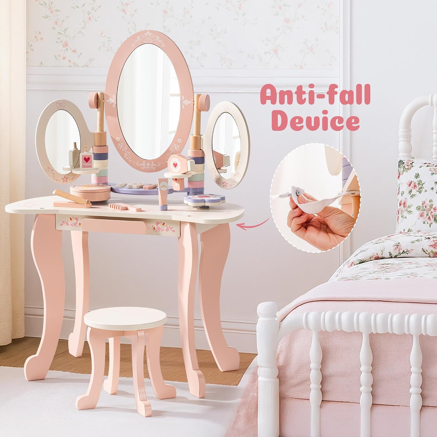 ROBOTIME Kids Vanity Set with Mirror and Stool – Wooden Pink Makeup Table with 11 PCS Accessories – Play Beauty Dresser with Mirrors, Drawer– Kids Vanity Table and Chair Set for Girls Ages 3+
