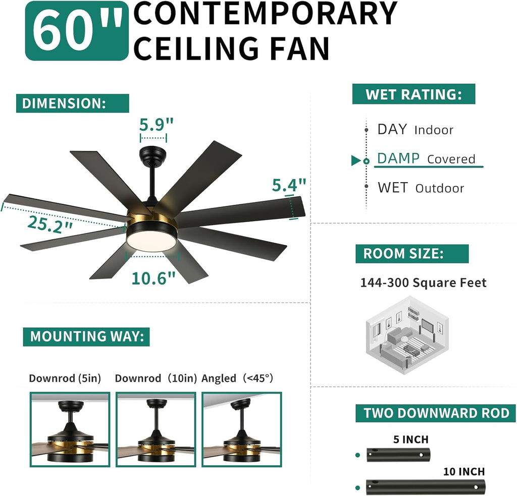 YITAHOME 60 Inch Black Gold Ceiling Fan with Lights and Remote,8 Blades,App Control, Modern Smart Ceiling Fan Compatible with Alexa for Indoor, Reversible Quiet Motor, Memory Function