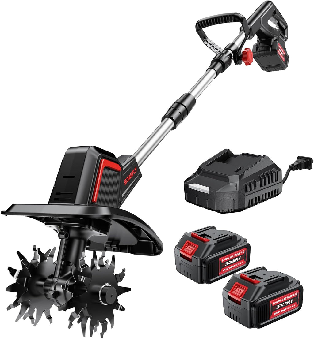 SOARFLY Upgraded Cordless Electric Tiller for Gardening, Total 8.0Ah Battery Powered Mini Cultivator with 2×4.0AH Batteries, 9' Width, 6.6' Depth, 48 Steel Tines Rototiller for Soil Cultivation