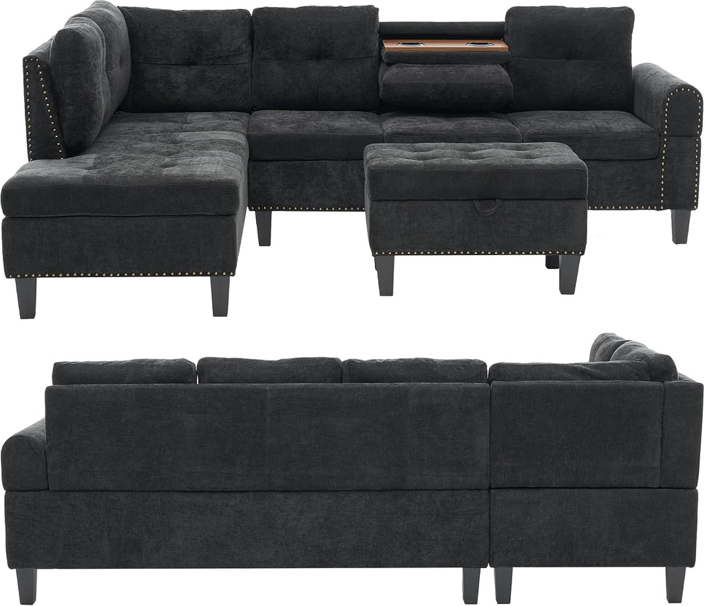 L Shaped Couches for Living Room, Sectional Couch Living Room Furniture with Storage Ottoman, Modular Sectional Sofa with Movable Chaise for Apartment Office, Black Grey