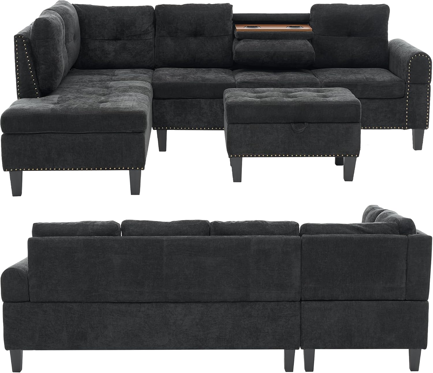 L Shaped Couches for Living Room, Sectional Couch Living Room Furniture with Storage Ottoman, Modular Sectional Sofa with Movable Chaise for Apartment Office, Black Grey